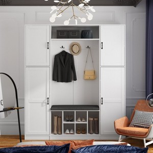 Famapy White Wood Hall Tree h With Shoe Bench  Shelves and 3-Double Hooks - 1 of 4