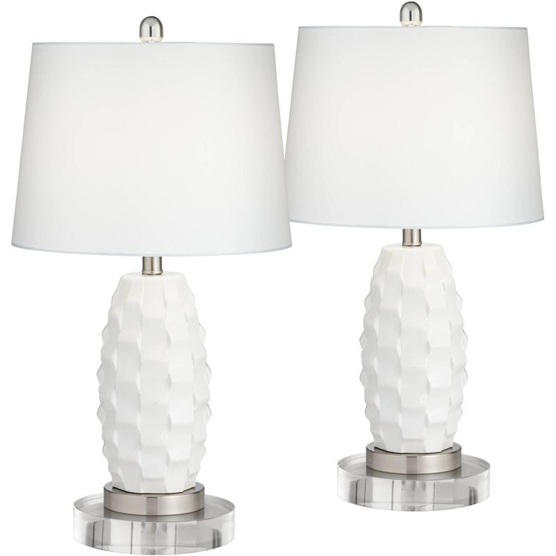 360 Lighting Modern Coastal Table Lamps 25.25" High Set of 2 LED with Round Risers Dimmer White Ceramic Drum Shade for Living Room, 1 of 6