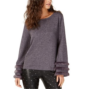 I.N.C International Concepts Womens Faux-Fur Trim Knit Blouse, Purple, Medium - 1 of 1