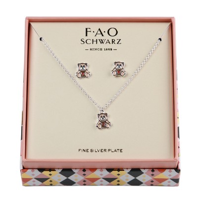 FAO Schwarz Enamel Teddy Bear Necklace and Earring Set