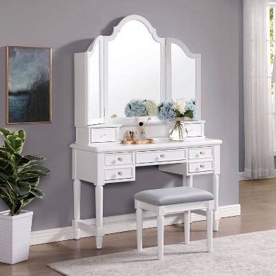 3pc Anza Multi Storage Vanity Set With Tri Fold Mirror And Stool