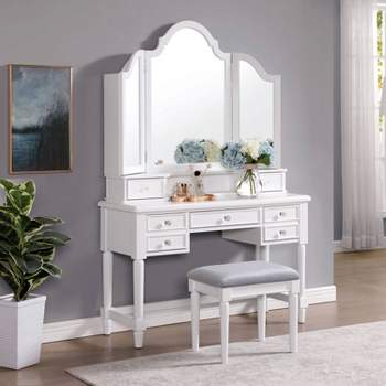 3pc Anza Multi Storage Vanity Set with Tri Fold Mirror and Stool White - HOMES: Inside + Out