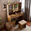 Farmhouse Makeup Vanity Desk with Lighted Mirror and Charging Station,Rustic Dressing Table with Barn Door Style,Storage Drawers,Shelves and Stool - 4 of 4