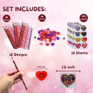 4E's Novelty 36 Valentine's Day Stationary Sets - 36 Pencils, 36 Heart Erasers, 104 Stickers - Classroom Exchange Gifts, Party Favors - 1 of 4
