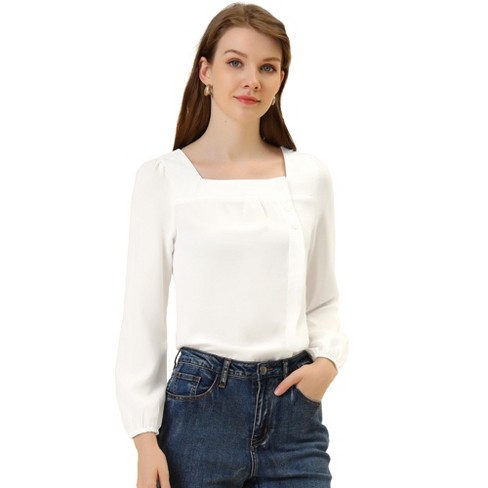 White Long Sleeve Square Neck Blouse Casual Plus Size Tunic main image 0