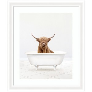 Kate and Laurel Highland Cow Solo Bathtub by Amy Peterson Framed Wall Art Print, 23 x 27, Oliver White Narrow - 1 of 4