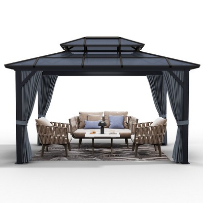 Patio Double Roof Permanent Hardtop Gazebo Pergola with Curtains
