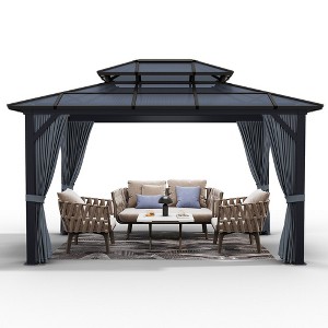 Patio Double Roof Permanent Hardtop Gazebo Pergola with Curtains - 1 of 4