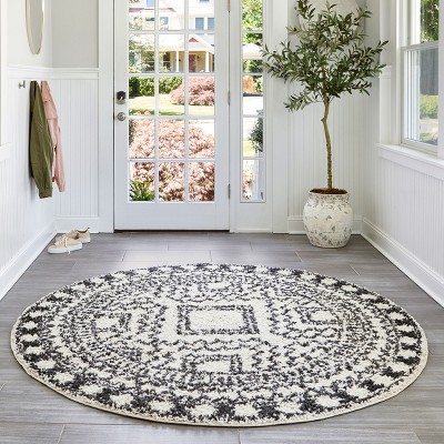 Off-White Round Moroccan Shag Area Rug with Tassels