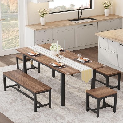 5-Piece Extendable Dining Table Set for 4-8 People with 2 Benches and 2 Square Stools – Mid-Century Kitchen Table