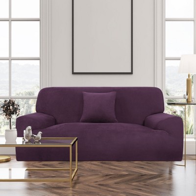 Piccocasa 1 PC Polyester Spandex Fabric Velvet Plush Stretch Sofa Slipcovers Purple 88-114 Inches