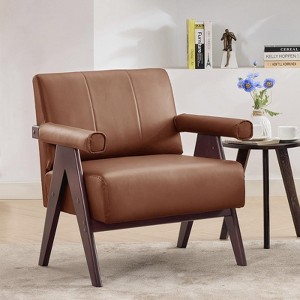 Black Faux Leather Chair, Mid-Century Accent Chair with 7-inch Thick Seat Cushion For Office, Study Room - 1 of 4