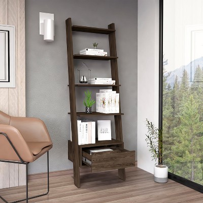 VYNXARIA Ladder Bookcase with One Drawer & Five Open Shelves - Dark Walnut Finish