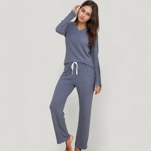 Anna-Kaci Lounge Women's V-Neck Long Sleeve Knit Top and Drawstring Waist Lounge Pants Two Piece Set - 1 of 4