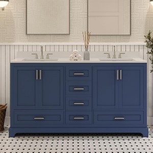 Maya Solid Wood Bathroom Vanity with Quartz Countertop - Handcrafted Luxury Vanity for Modern Homes with 3 Pre Drilled Faucet Holes - 1 of 4