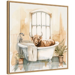 Kate & Laurel All Things Decor 30"x30" Sylvie Highland Cow Bathroom Watercolor Framed Canvas by The Creative Bunch Studio Natural - 1 of 4