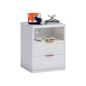 Fluted Nightstand with Charging Station, Bedside Table with Drawers, Open Storage Space, Rounded Corners, Mid Century Modern End Table - 1 of 4