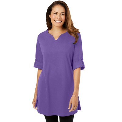 Woman Within Women's Plus Size Perfect Roll-Tab-Sleeve Notch-Neck Tunic