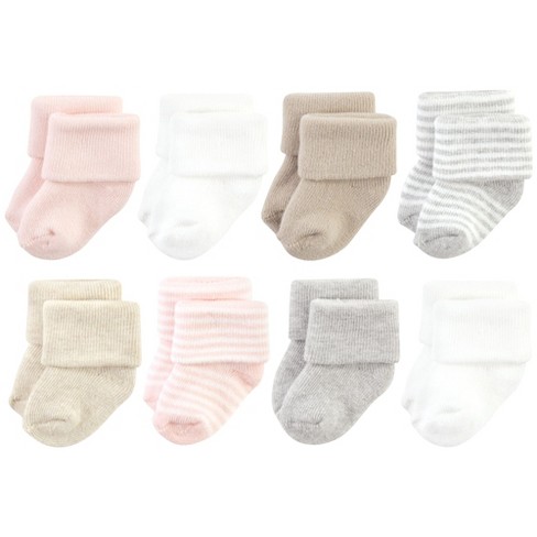 Hudson Baby Infant Girl Cotton Rich Newborn and Terry Socks, Pink Gray Stripe - image 1 of 4