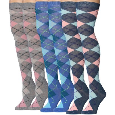 Isadora Paccini Womens 3 Pairs Charming Argyle Symphony Pinkish Grey Blue Deep Blue Over The Knee High Socks
