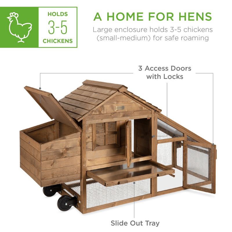 Best Choice Products 70in Mobile Fir Wood Chicken Coop Tractor Hen House w/ Wheels, 2 Doors, Nest Box, Removable Tray, 4 of 8