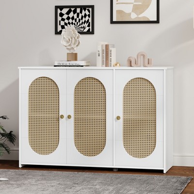 TIRAMISUBEST Retro 3-Door Sideboard with Large Storage Space Artificial Rattan Doors and Metal Handles, Accent Cabinet for Living Room and Hallway