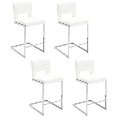 26" H Bar Stools Set of 4 - Modern PU Leather Barstools with Hollow Back, Upholstered Armless Kitchen Island Stools, White with Chrome Metal Frame