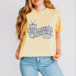 S.W.Smiley Less Screen More Self - Women's Boxy Crop Top Graphic T-Shirt - 1 of 4