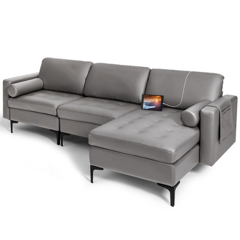 Modular Upholstered Sectional Sofa with USB Charge Ports, 4-Seater - Beige Chenille