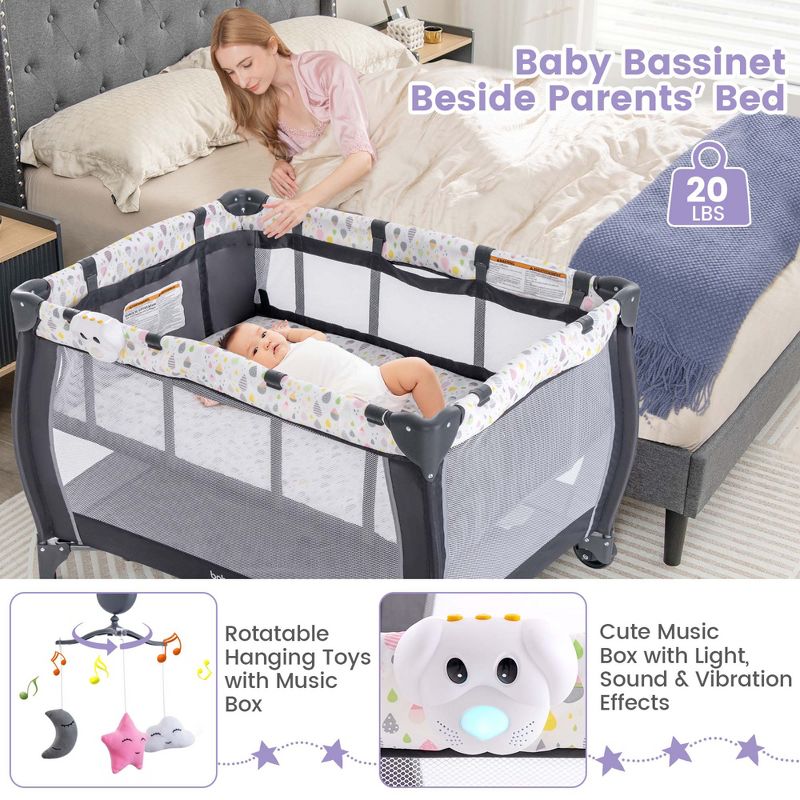 Babyjoy Portable Baby Playard Nursery Center Crib with Hanging Toys & Music Box Colorful/Grey/Pink, 5 of 11