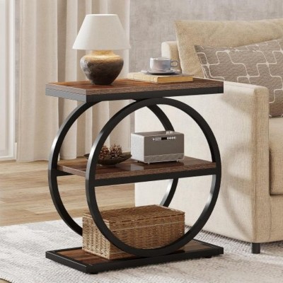 Syemin End Tables Industrial Narrow End Table with 3-Tier Storage Shelves, Modern Slim Industrial Sofa Side Table, Brown, 23.62"*11.81"*25.59"