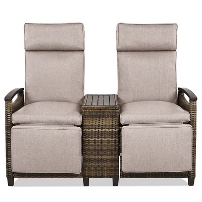 Cesicia Brown Patio Recliner Chair, Adjustable Backrest Wicker Lounge Chair Set with Acacia Wood Armrests and Built-in Storage Table for Porch, Lawn