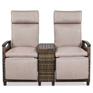 Cesicia Brown Patio Recliner Chair, Adjustable Backrest Wicker Lounge Chair Set with Acacia Wood Armrests and Built-in Storage Table for Porch, Lawn - 1 of 4