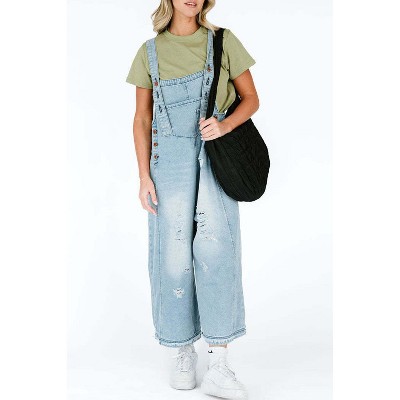 Womens Denim Overall Relaxed Fit Button Front Distressed Wide Leg Overalls with Pockets Light Blue L