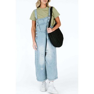 Womens Denim Overall Relaxed Fit Button Front Distressed Wide Leg Overalls with Pockets Light Blue L - 1 of 2