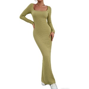 Women's Square Neck Ribbed Knit Long Sleeve Bodycon Maxi Dress Casual Formal Wear - 1 of 4