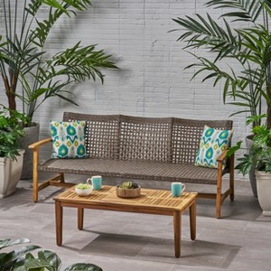 Christopher Knight Home Sewell Outdoor Acacia Wood and Wicker 3 Seater Sofa and Coffee Table Set - 1 of 4