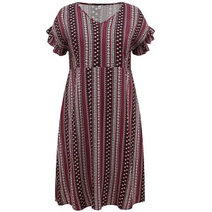 Women's Plus Size Boho Floral Stripe V Neck Ruffle Sleeve Pockets Flowy Casual Beach Midi A Line Dresses - GRACE & GRANDEUR - 1 of 4