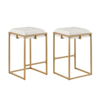 Simple Relax Set of 2 Velvet Upholstered Square Stools in Beige and Gold