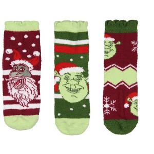 Shrek Socks Women's Shrek and Donkey Adult Holiday Chenille Socks Scalloped Cuff Quarter Crew Socks 3 Pair (Socks Size 9-11) Multicoloured - 1 of 4