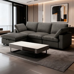 Dyonery 100" Faux Leather Cloud Sofa with Ottoman, L-Shaped Modular Sectional CouchesPet-Friendly Scratch Resistant PU Fabric,Tool Free Assembly - 1 of 4