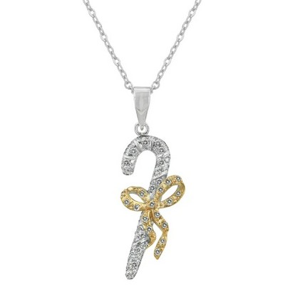 ShineHigh Candy Cane Pendant with Cubic Zirconia and Gold-Tone Bow – Holiday Necklace in Rhodium and Gold Finish
