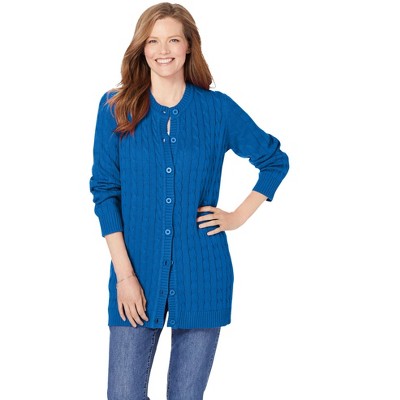 Woman Within Plus Size Cotton Cable Knit Cardigan Sweater