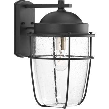 Progress Lighting Holcombe 1-Light Outdoor Black Wall Lantern with Clear Seeded Glass and Brushed Nickel Interior Shade
