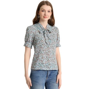 Allegra K Women's V Tie Neck Turn Down Collar Puff Sleeve Floral Blouses - 1 of 4