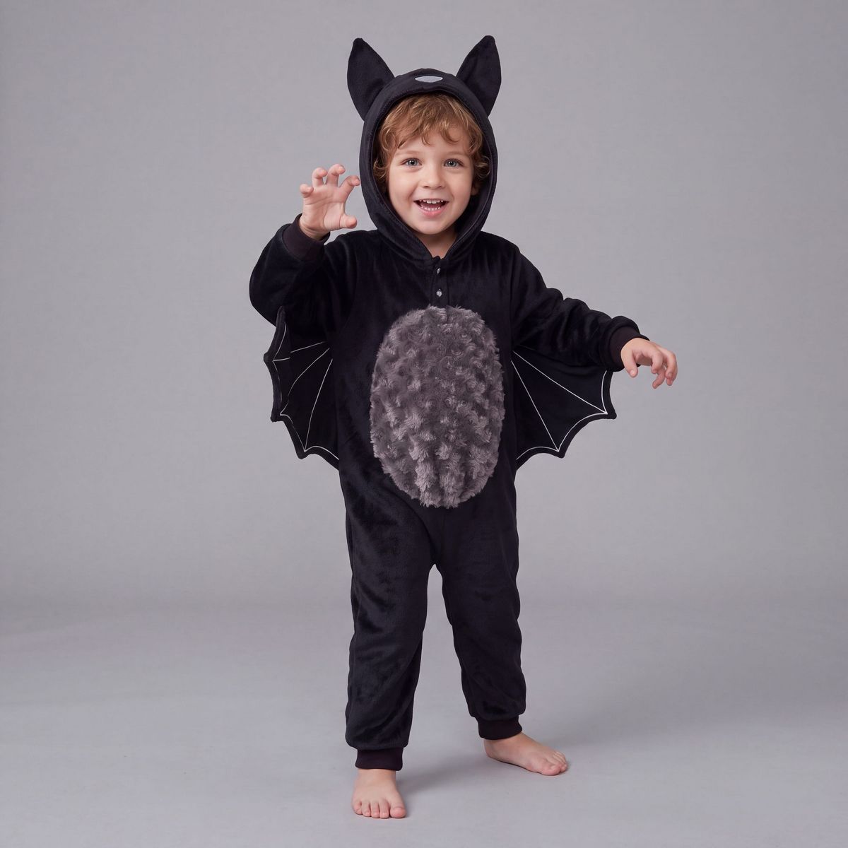 Joyfy Baby Black Bat Halloween Costume, Toddler Hooded Jumpsuit with Wings & Furry Tummy Pajamas for Halloween Dress Up Parties - thumbnail 2