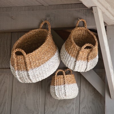 Natural and White Seagrass Round Storage Basket Set