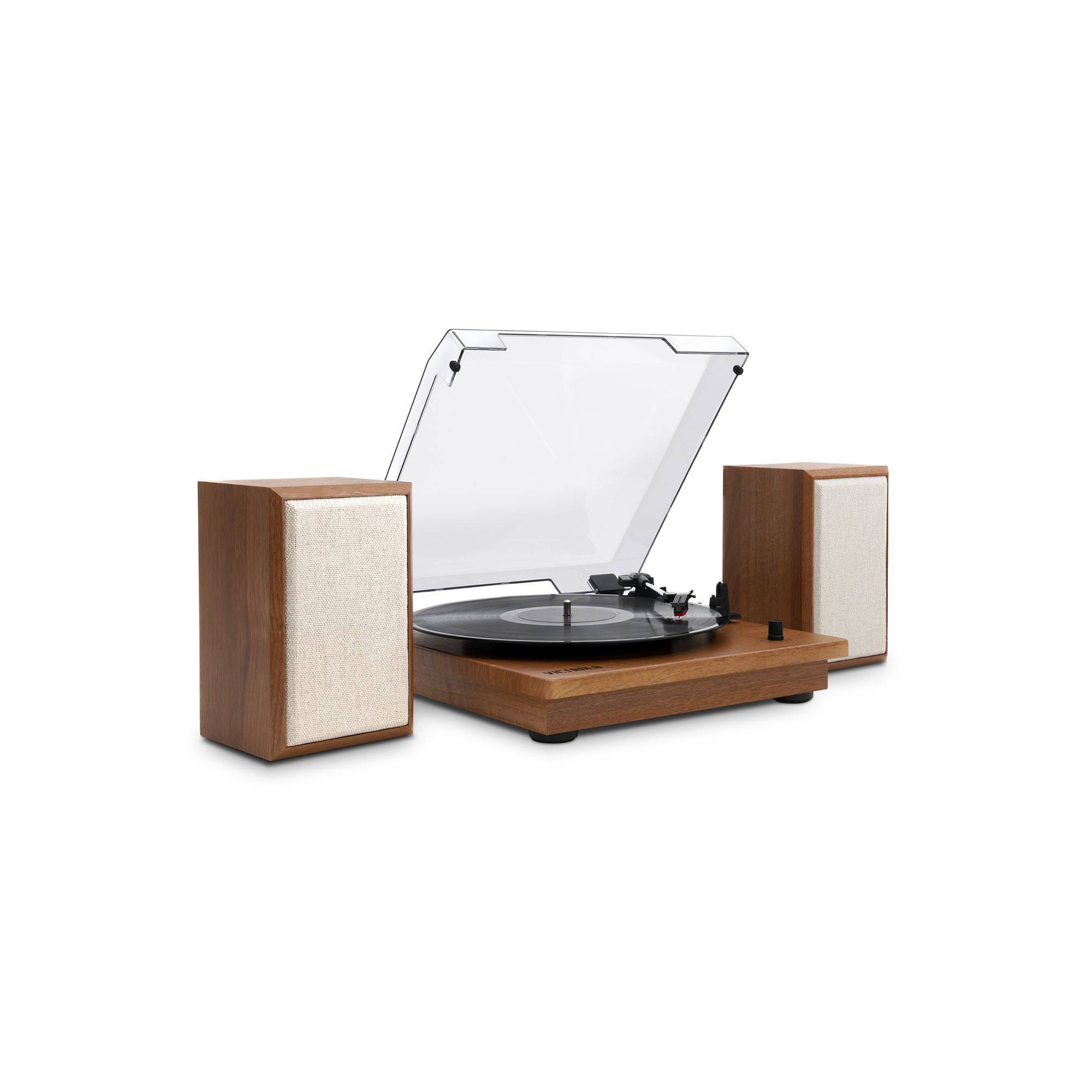 Victrola The Kingfield Bluetooth Record Player Shelf System with Bookshelf Speakers: Belt Drive, 3-Speed, 3.5mm Jack