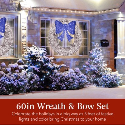 60in Silver and Blue LED Outdoor Christmas Wreath with Bow