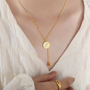 Clotth 17.71" Shell Necklace with Cartoon Bear Pattern and Tassel - Natural Seashell Pendant, Minimalist Beach Jewelry for Women - 1 of 4